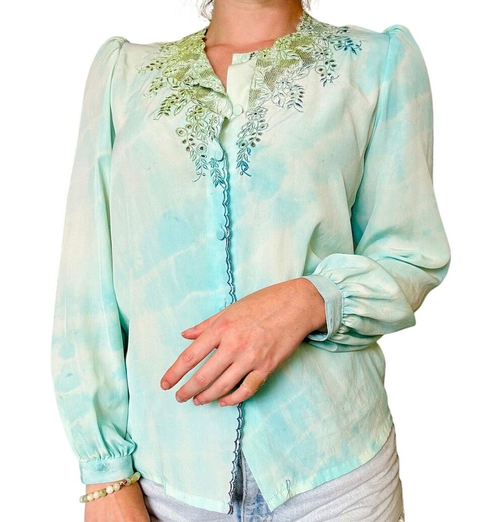 Hand Dyed Pastel Blue Reworked Vintage Blouse Embroidered Cutwork Polyester